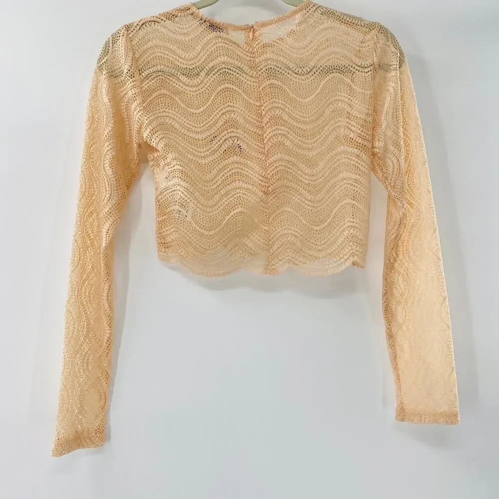 NEW Zara Beige Wavy Lace Scallop Hem Sheer Knit Long Sleeve Crop Top Small Y2K